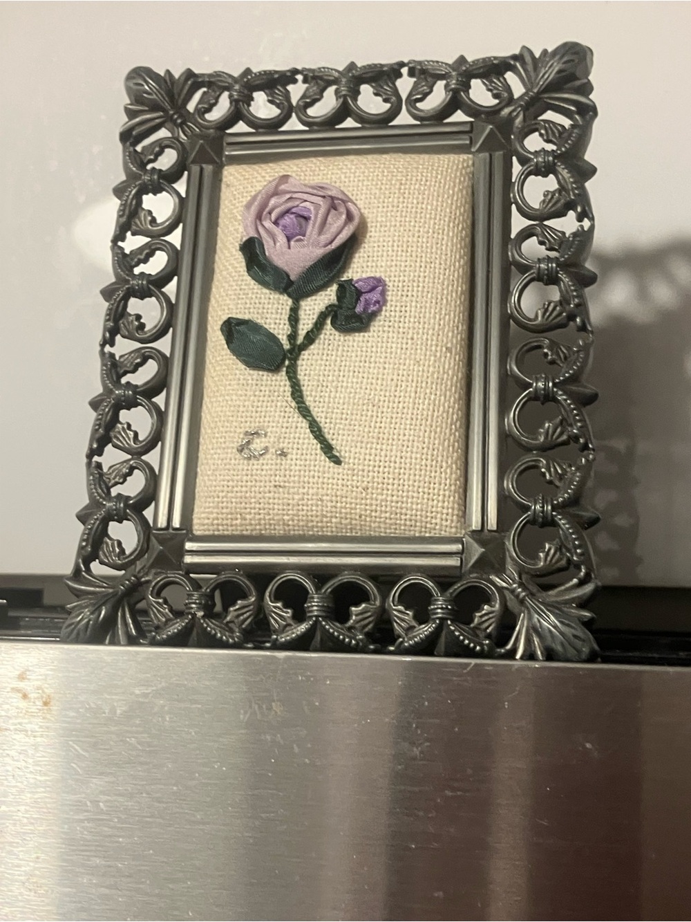 Handcrafted Needlepoint Victorian Lavender Rose Pewter Frame Accent 3 1/2 -4 1/2